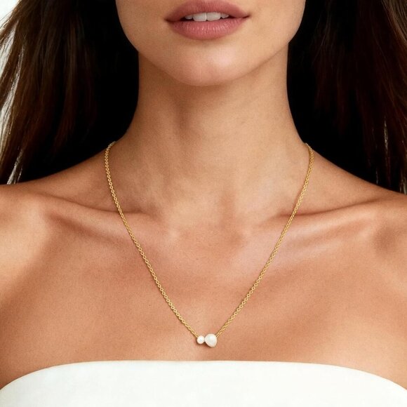 Women's 2 Gold Pearl Necklace 14k Gold Plated Dainty Pearl Necklace Choker - Picture 2 of 6